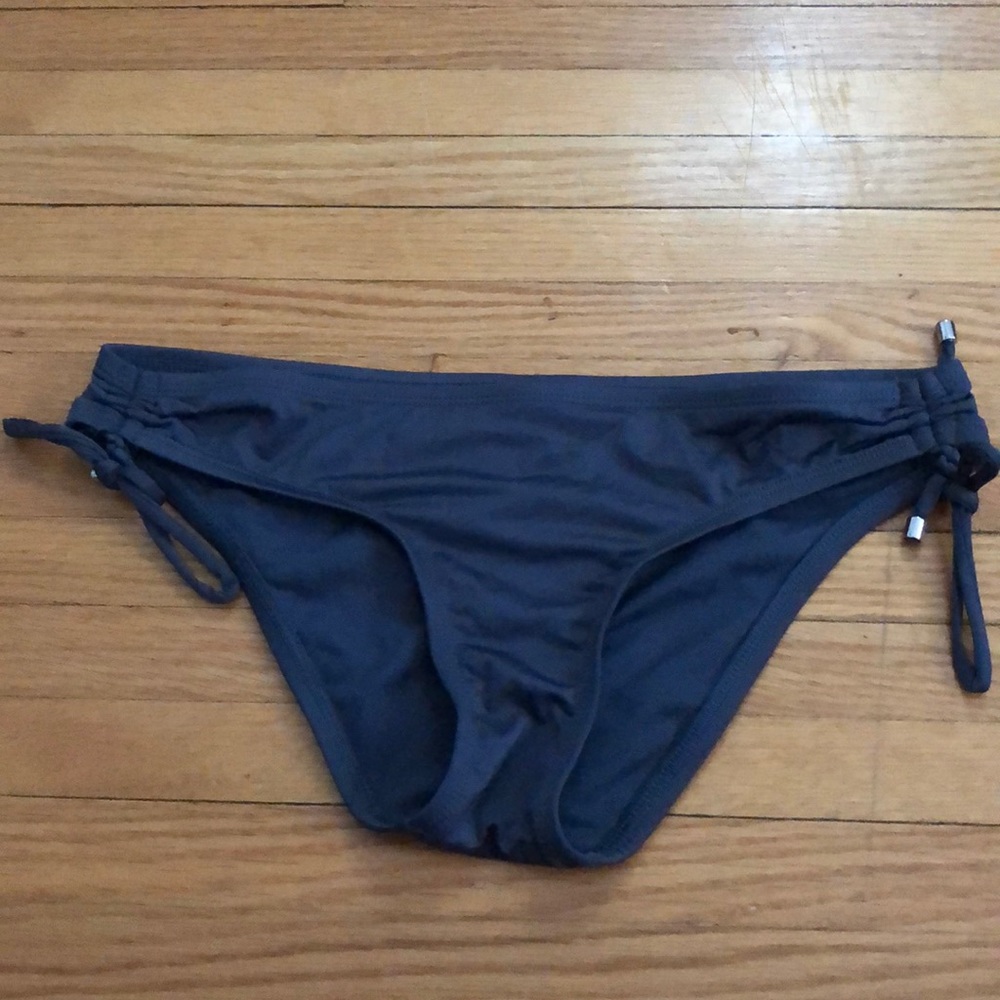 navy blue/grey swimsuit bottoms with ties on each